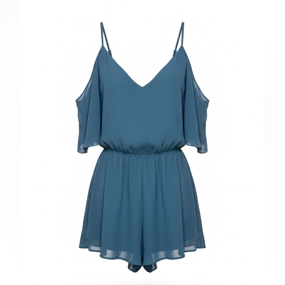 MAHINA Women’s Deep Teal Cold-Shoulder Flutter Sleeve Flowy Romper